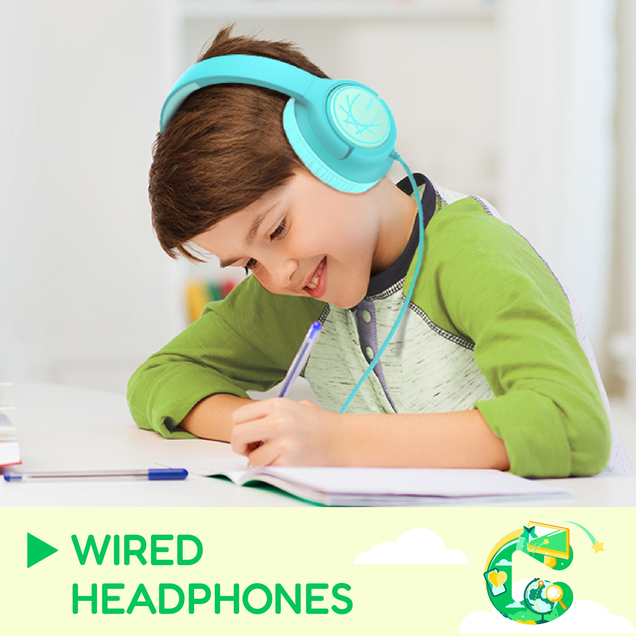 A child wearing wired kids’ headphones is focused on doing homework at a desk.