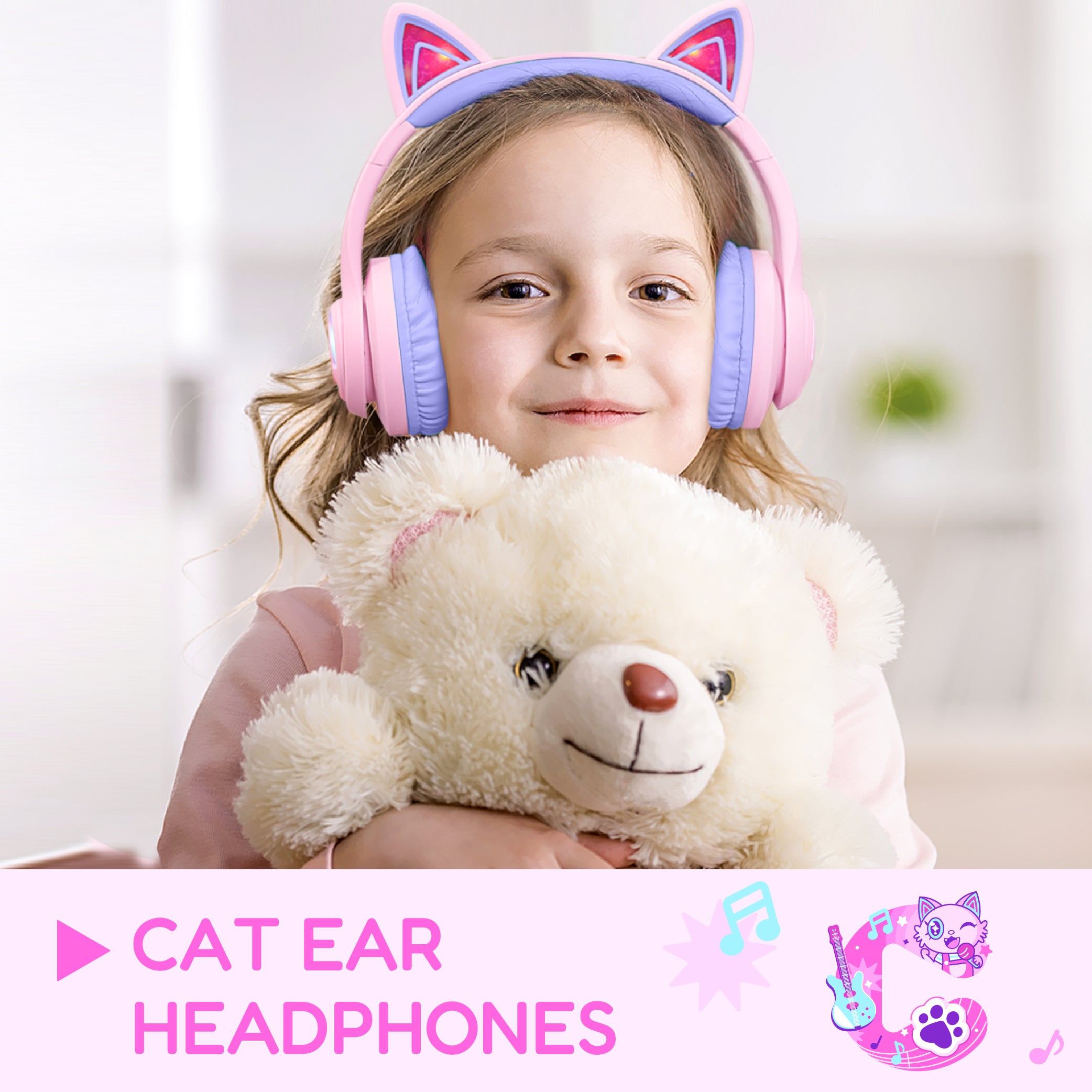 A young girl wearing cat ear kids’ headphones is smiling while listening to music.