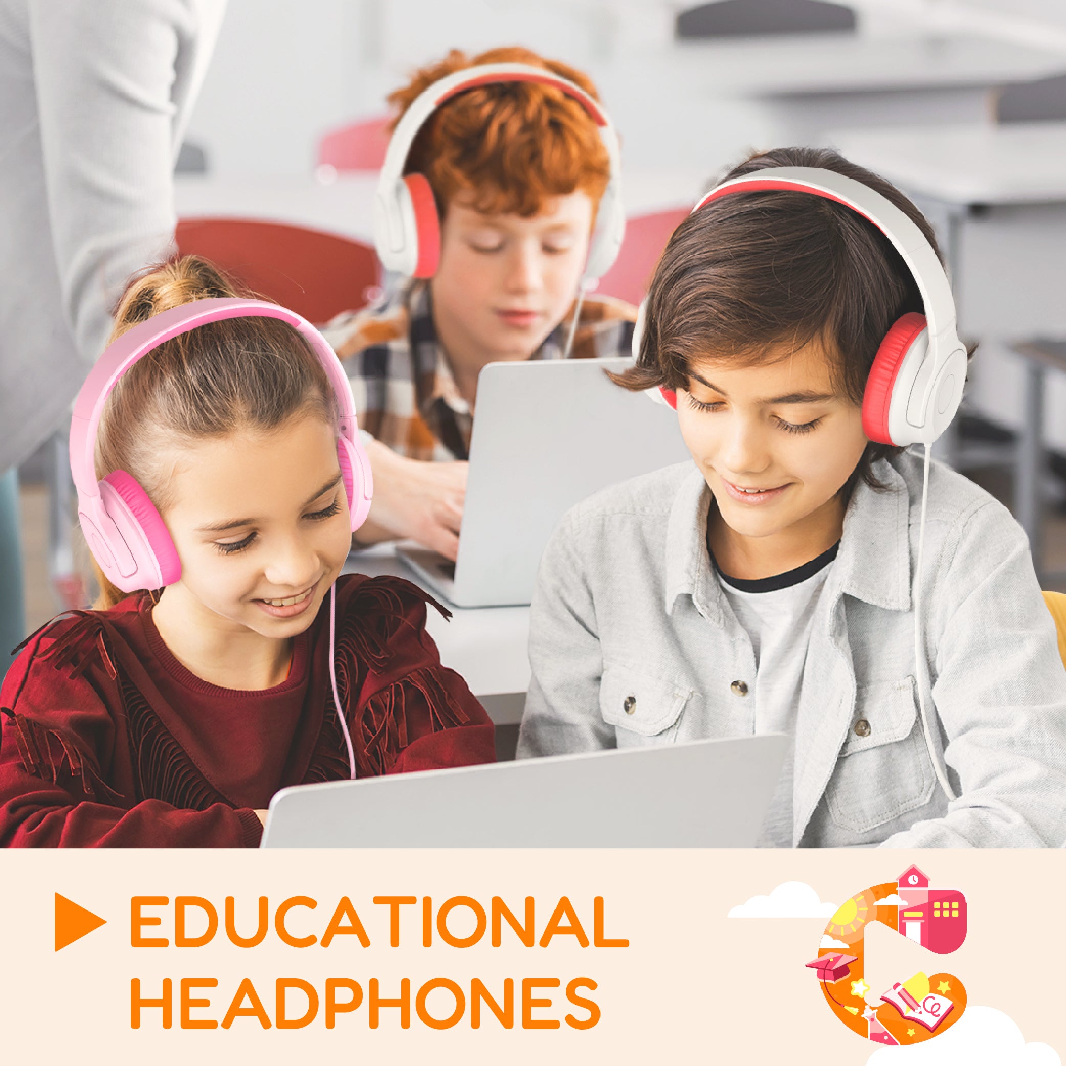 Three children wearing educational kids’ headphones are focused on learning together at a table.