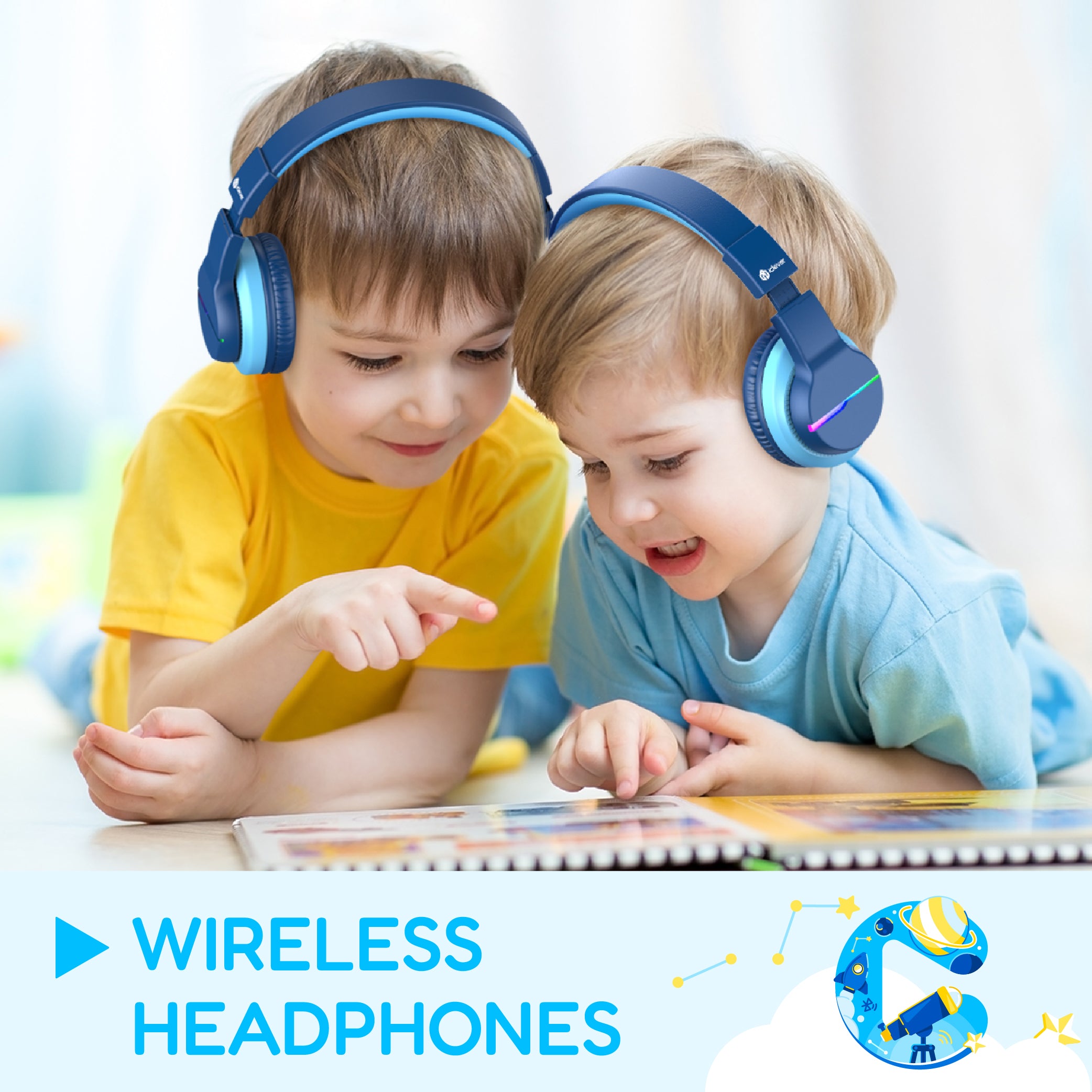 Two children with volume-limiting headphones enjoy a quiet reading session, fully focused on their books.